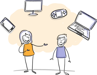 Illustration: Erwachsene und Kind mit digitalen Geräten